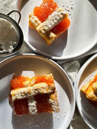 greek shortbread apricot tart pieces with icing sugar