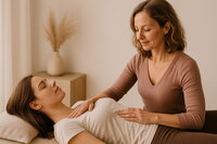 Thérapeute en ostéopathie posant délicatement ses mains sur l’abdomen d’une femme allongée, dans une ambiance calme et apaisante. Illustration d’une approche manuelle douce qui vise l’équilibre du corps en traitant les causes profondes des tensions.
