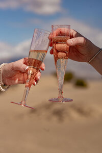 Two brides toasting with champagne glasses in the vast desert landscape of Death Valley, celebrating their elopement