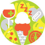A colorful round icon featuring a double scoop ice cream cone, a glass of wine, pizza, and  and other graphics. It is bright green, orange, gray, and white.