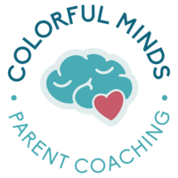 Circular logo with words "Colorful Minds Parent Coaching" around the perimeter of a simple brain illustration
