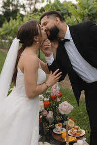 Alabama elopement photographer captures intimate elopement couple kissing over picnic in North Georgia vineyard elopement