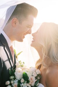 Bride and groom walk up memorial steps at their DC wedding