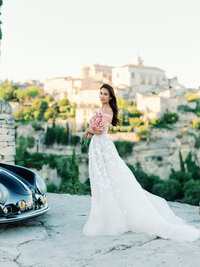 The Bride Portrait with Haute Couture Gown in Gordes, Provence with Flower Bouquet, at sunset with landscape, fine art style portra 400