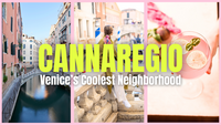 Youtube thumbnail - a canal, a woman in white pants, a pink cocktail in Venice Cannaregio neighborhood 