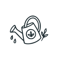 Line art icon of a watering can with a leaf emblem and droplets, representing ongoing creative support.