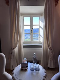 Window with curtains to city view