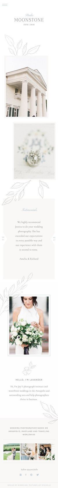 Moonstone Showit mobile template, a clean, delicate design for wedding photographers, providing a responsive, mobile-friendly experience.