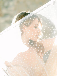 editorial photography of bride holding a veil to her face to see the details