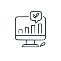 Line art icon of a computer screen with analytics and a chat bubble containing a leaf, representing consistent creative support.