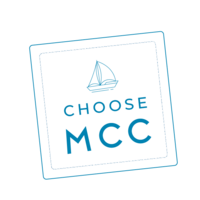 Branding graphic of stamp in blue that reads Choose MCC