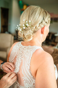 Jackson Hole photographers capture bride getting hair done before Grand Teton wedding