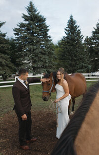 A bride and groom standing next to a horse for their portraits. Captured by a Minnesota Wedding Photographer specializing in intimate and documentary-style weddings.