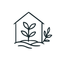 Line art icon of a small plant growing inside a simple greenhouse outline, representing a holistic strategy.