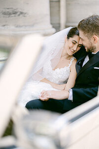 The bride and groom are happy