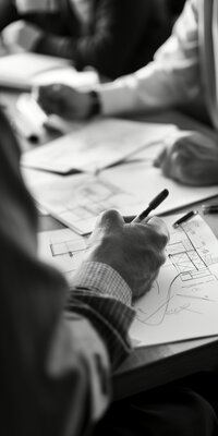 black and white photo of men sitting at a table with architectural drawings making notes on them