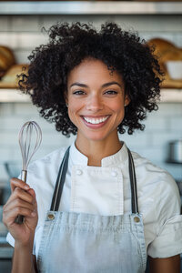 Headshot of an female African American chef holding a whisk, wearing an apron and smiling in her bakery.