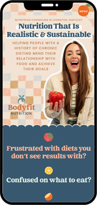 A mobile website for a nutritionist showcasing a fun, inviting vibrant website.