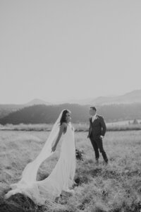 black and white wedding photos in field