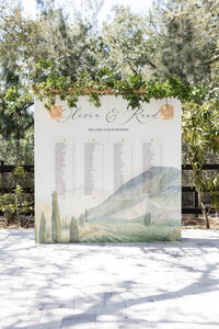 Elegant Italian-inspired escort wall at a wedding featuring a vintage-style design with lush greenery