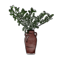 Handdrawn icon of plant leaves in a brown classic vase.