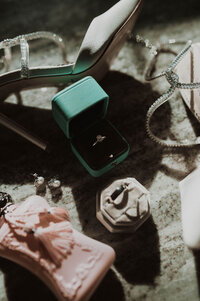 Bridal details and flat lay at spruce mountain lodge in Larkspur, Colorado. Colorado wedding photographer.