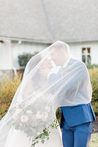 A groom caresses his bride's cheek while they stand under her blowing veil.
