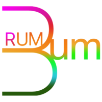 Gradient logo reading “Rum Bum” with overlapping letters in pink, orange, and green.