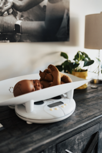 A newborn resting on a baby scale.