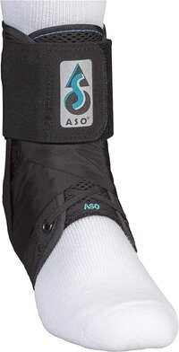 The ASO Ankle Brace, a device that features a stirrup strap that captures the heel to restrict inversion/eversion ankle motion, and a dynamic cuff to protect against high ankle sprain.