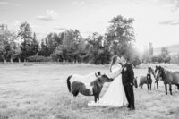 a farm with horses around while a bride and groom take portraits 