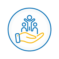 Teal and yellow graphic outlining a hand with three people in the hand used as a visual aide for supporting employees