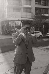 groom with sunglasses, downtown San diego wedding 
