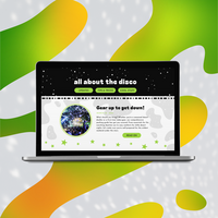 A computer shows a mockup of an 'about page' for a disco rodeo themed party. It features patterns of stars, cow print, and neon green and yellow lava lamp like shapes.