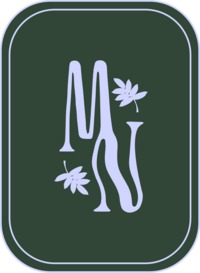 Periwinkle Mellow Nectar Co Sublogo with "MN" in wavy font and hand-drawn leafy illustrations on pine-colored background.