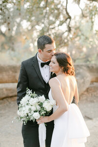 Bride and groom walk up memorial steps at their DC wedding