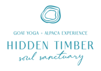 Logo with simple tree ring icon and words "goat yoga + alpaca experience, Hidden Timber Soul Sanctuary"