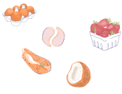 Custom illustrations of coconut, salmon, eye patches, strawberries, eggs and coconut for Nuri