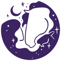 Animal Alchemy Logo, a horse and woman face to face beneath moon and stars 
