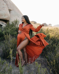 Pregnant woman in a desert setting wearing a flowing burnt orange dress with one hand under her belly and one letting the tail of the flowing dress go.