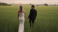 Couple walking in a green field with tall grass looking at each other