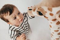 Toddler with a large giraffe toy. Altrincham children's photographer