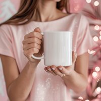a mockup image of a white mug held by a woman in a pink shirt.