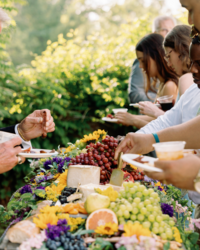 A brightly colored charcuterie board filled with fruits and cheese as guests gather food on their plates. 