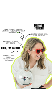 Latina small business owner representing Latina-owned businesses, dressed in brand colors with a white blouse, black pants, and unique red glasses, confidently holding a disco ball to reflect her bold, creative identity.