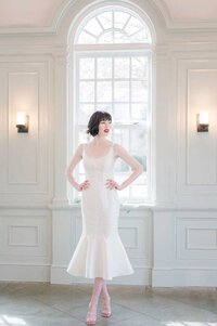 fit and flare mikado midi wedding dress - edith elan timeless bridal Charleston, SC