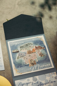 A custom-designed invitation reflecting the allure of Murano, blending elegance and creativity to set the tone for a one-of-a-kind celebration