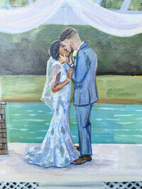 Live wedding painting of an African American bride and white groom sharing their first kiss under a gazebo at a lake wedding, captured at Ivy on the Plains wedding venue