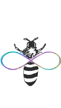 A hand drawn bee with a rainbow autism infinity symbol in place of the wings