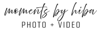 The words "moments by hiba" are written in a cursive font with the words "PHOTO + VIDEO" underneath in a sans serif font.